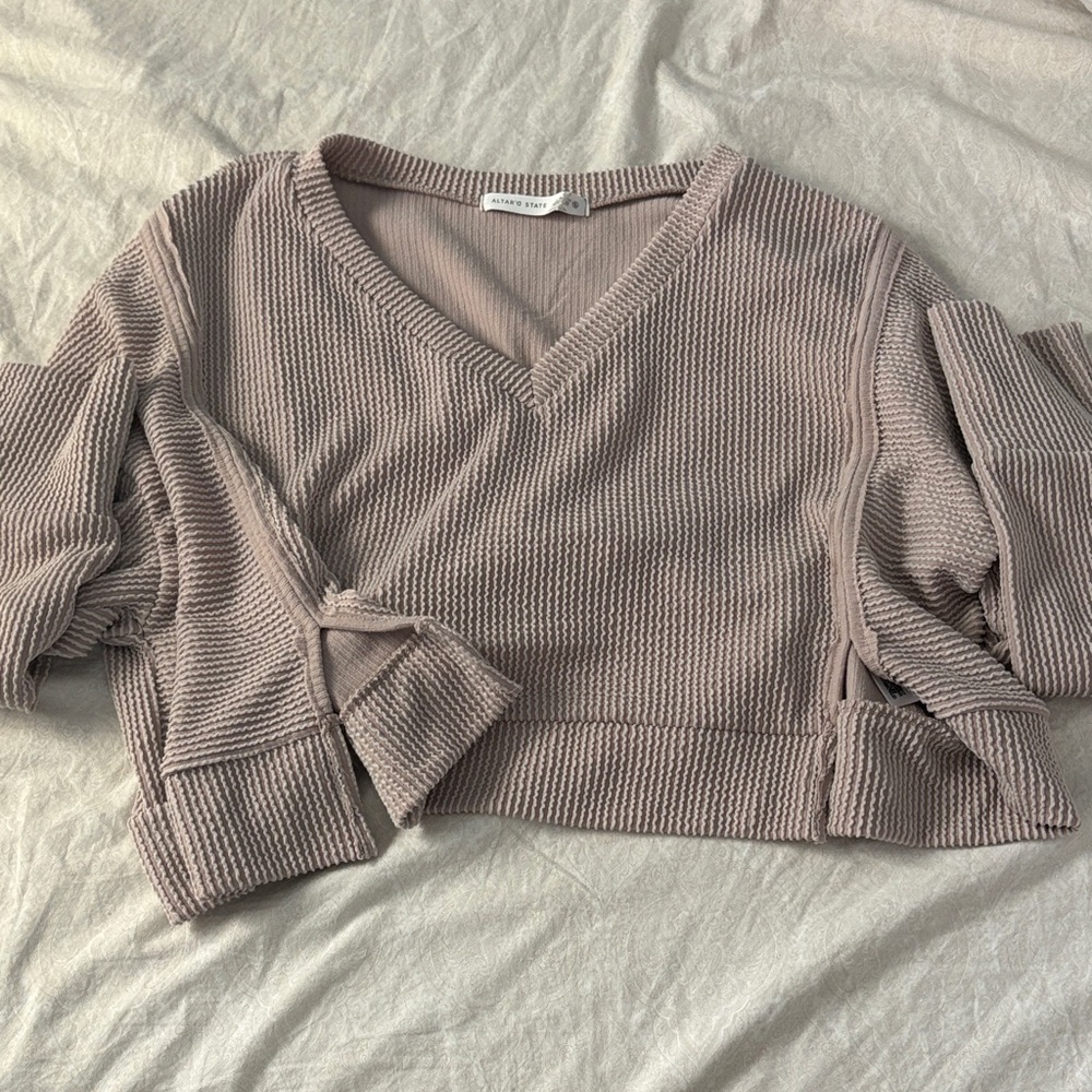 Altar'd State Taupe Ribbed Knit Top